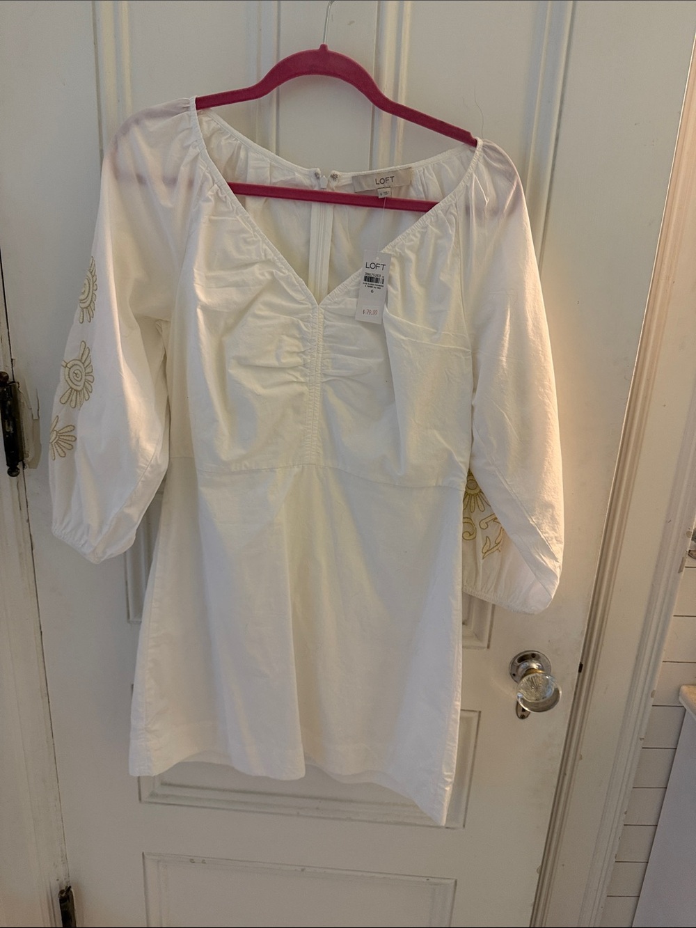 LOFT White V-Neck Dress with Embroidered Sleeves